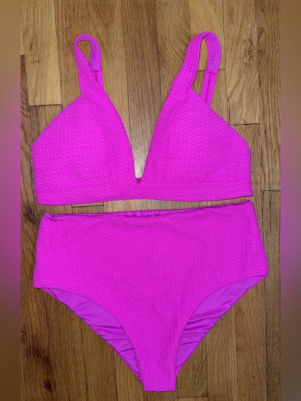 Women's Pink Textured High-Waist Bikini Set